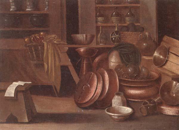 unknow artist A Kitchen still life of utensils and fruit in a basket,shelves with wine caskets beyond oil painting image